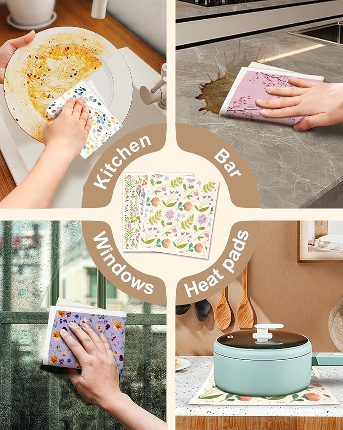 Swedish Dishcloths for Kitchen with Hooks - Reusable Dish Cloths for Washing Dishes Fast Drying Cute Fun 5 Pack Swedish Dish Towels Washable Cleaning Sponge, Elegant Flowers
