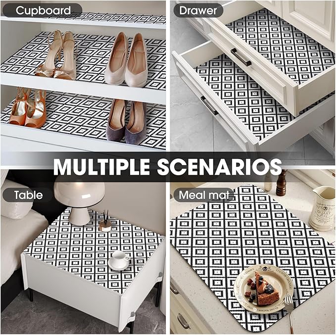 Drawer and Shelf Liner, Non-Slip Kitchen Cabinet Liners Non-Adhesive Thick Strong Grip Waterproof Washable Mats Protect Dresser Shelves Cupboard Bathroom Cabinets, Black & White, 12 in X 30 FT