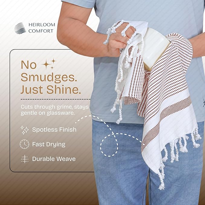 Brown Turkish Kitchen Towels 16x26 Inch, 5 Pack, 100% Cotton, Ultra Absorbent, Soft, Fast Dry, Machine Washable, Dish Towel with Tassels for Drying Dishes, Cleaning, Everyday Use