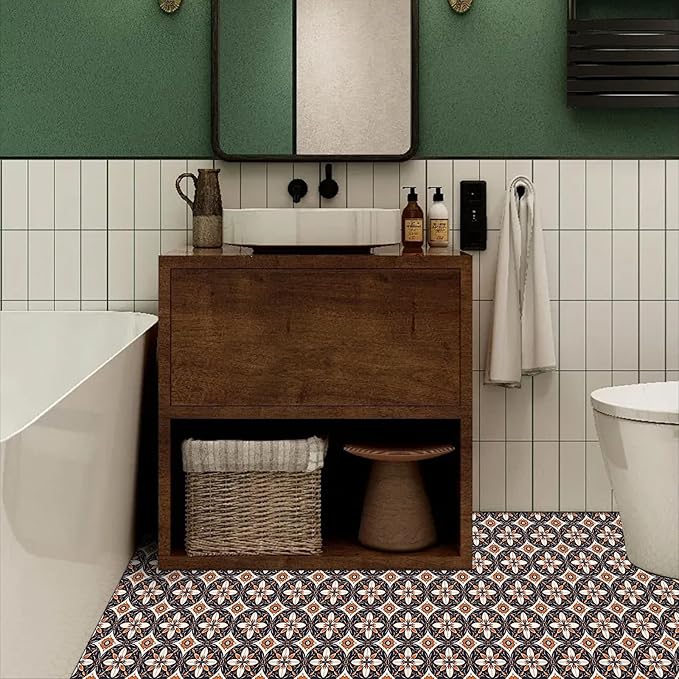 10PCS 12x12 Inch Retro Orange Black Peel and Stick Floor Tiles Removable Self Adhesive Vinyl Flooring Stickers for Kitchen Entryway Dining Room Home Decor