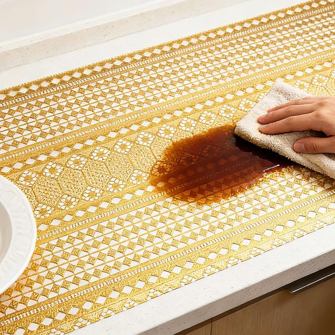 Drawer and Shelf Liner - Gold Geometric Lace Pattern,Non Adhesive Non Slip Waterproof Easy-Clean Shelf Liner for Kitchen Cabinet, Refrigerator, Bathroom, Pantry Storage Drawers, 12 in x 10 Ft