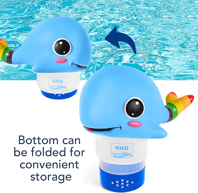 440 Pool Chlorine Floater Dispenser, Fits Up to 3 Pieces of 3-Inch Chlorine Tabs, Adjustable Flow, Control, Heavy-Duty Plastic - Suitable for Small & Large Pools - 8 Ounces | Cartoon Whale