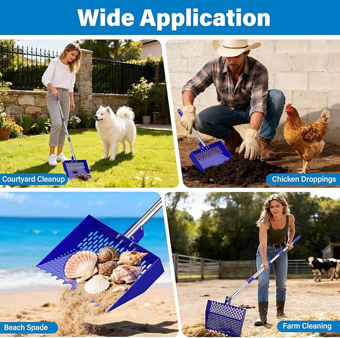 12-Inch 2-in-1 Chicken Poop Scooper & Rake, Chicken Coop Scoop with Adjustable Stainless Steel Handle (24–64"), 3 Angles & 2 Sifting Holes, Litter Scoop Sand Sifting Shovel Pooper Scooper (Blue)
