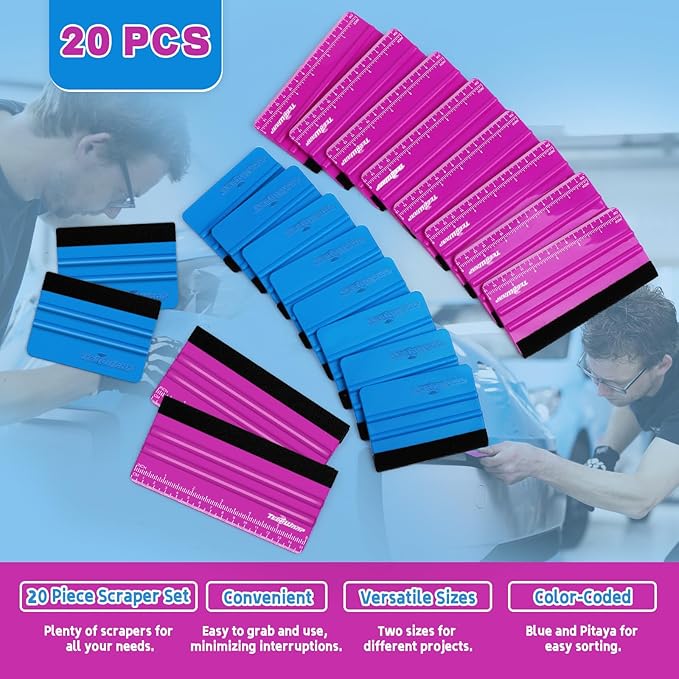 TECKWRAP Professional Squeegee for Vinyl, 20 PCS Plastic Felt Squeegee Tool Decals Inkjet Vinyl Sticker Paper, and Wallpaper Application Tools, 6 Inch Pitaya×10 & 4 Inch Blue×10
