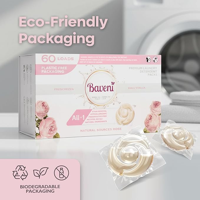 Luxury Laundry Detergent Packs – 60 Loads | Plant-Based, Plastic-Free, SLS-Free, Vegan, HE Compatible | Premium Eco Friendly Detergent, Light Natural Rose Scent | American Made