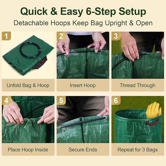 72 Gallon Reusable Yard Waste Bags (3 Pack), Heavy Duty Stand-Up Leaf & Lawn Bags, 150 GSM Woven PP (PE Coated), Double-Layer Bottom, Top & Bottom Reinforced Handles, Cowhide Gloves Included