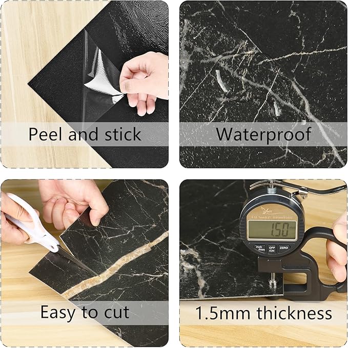 Matte Black Marble Peel and Stick Floor Tile Waterproof Vinyl Sheet Flooring for Bathroom Marble Black Flooring Tile 5PCS Self Adhesive Laminate Stick on Floor Tiles Sticky Panels for Kitchen 12x12 IN