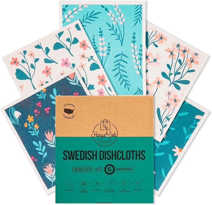 Harps&Seb Swedish Dishcloths for Kitchen Dish Towels - 5 Pack, Non-Scratch Reusable Paper Towels, Super Absorbent Washable Swedish Dish Cloths, No Odor, Biodegradable, Forest Designs