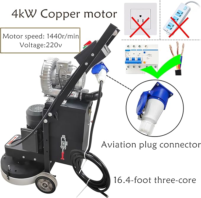 TECHTONGDA Concrete Floor Grinder Polisher 5-Head Grinding Base 14.9in Grinding Width 20L(4.399Gal) Dust Collection Box for Construction Sites Industrial Workshops Garage 220v/4kW