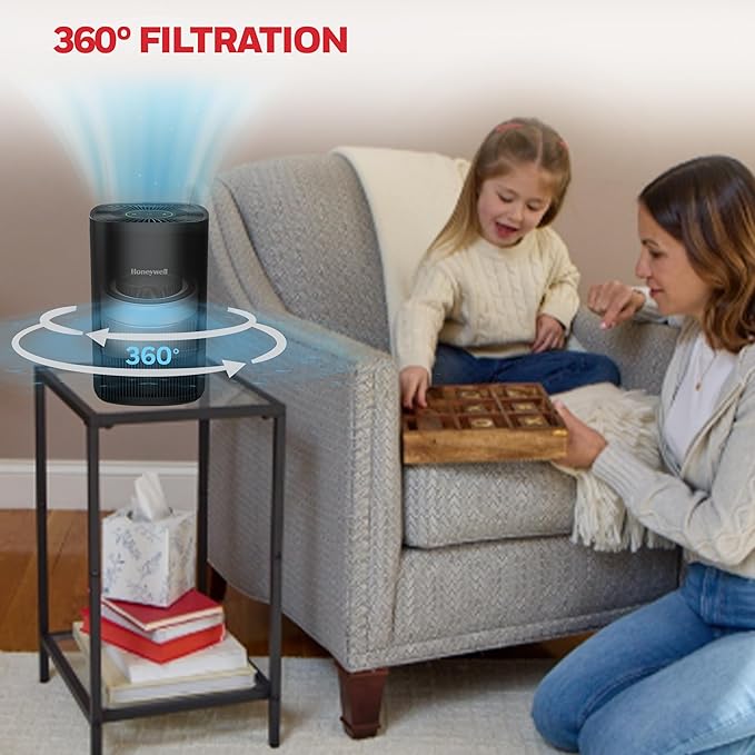 Honeywell AllergenPlus HEPA Air Purifier for Home, 530 Ft² Rooms in 1 hour, 3-in-1 Filter, Compact Design, Auto Mode, Reduces Allergens, Dust, Pollen, Smoke, Pet Dander, Odors, Black, HPA125B