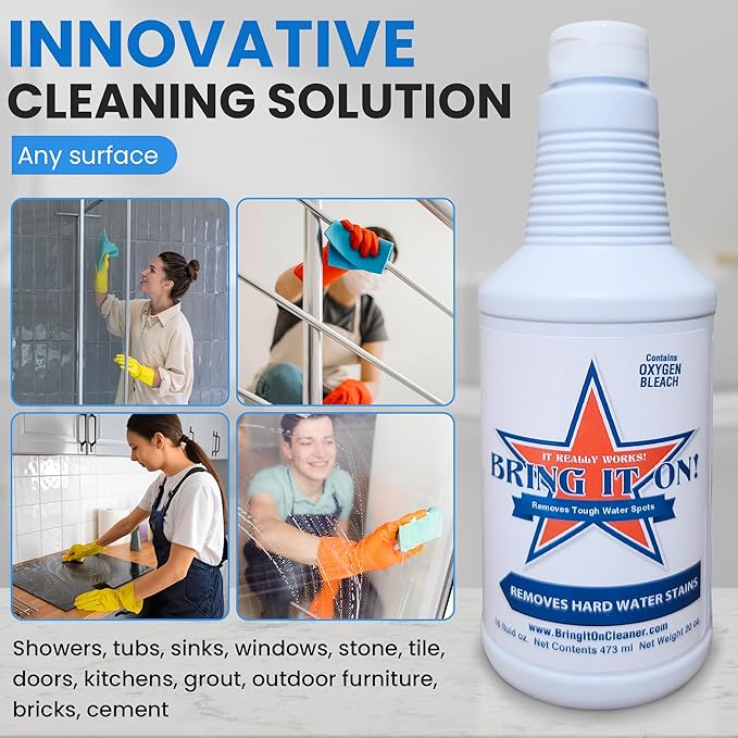 BRING IT ON! CLEANER Hard Water Stain Remover for Glass, Soap Scum remover for Shower glass, Fiberglass, Windows, Tile & Grout, Water Spot Remover for Bathroom, Lime Scale & Sink 32Oz 2Pack