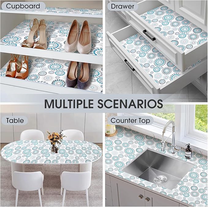 Drawer and Shelf Liner, Non-Slip Kitchen Cabinet Liners Non-Adhesive Thick Strong Grip Waterproof Washable Mats Protect Dresser Shelves Cupboard Bathroom Cabinets, Spiral, 24 in X 20 FT