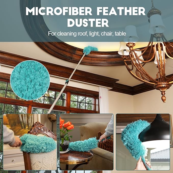 20 Foot High Reach Duster Kit with 5-12FT Extension Pole High Ceiling Dusting and Window Cleaning Kit with Telescopic Pole Window Washer&Squeegee,Cobweb Duster,Fan Duster and Feather Duster