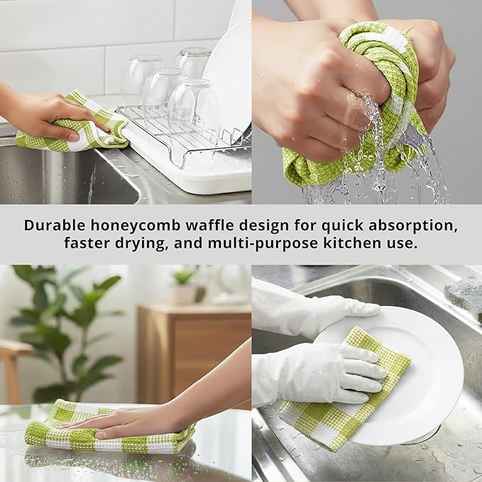 PurpleEssences Waffle Weave Plaid Dish Cloths, 100% Cotton, 12x12 Inch, Soft Absorbent Quick Drying Buffalo Check Dish Rags for Kitchen, 8 Pack, Christmas Holiday Winter - Light Green & White