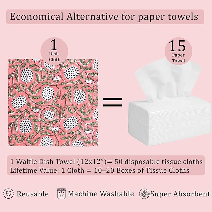 Ridhi Dark Salmon Pink Hand Block Print Cotton Waffle Dish Cloth Set of 6-12x12 Inch Super Absorbent, Soft, Reusable Kitchen Towels for Dish Drying Cleaning, Ideal for Spring, Easter, Valentine