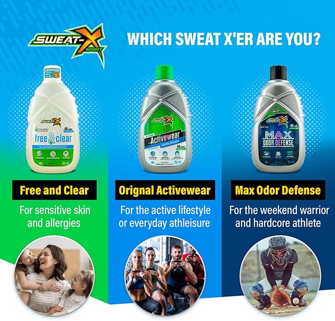 SWEAT X Original Activewear Laundry Detergent Liquid - Natural Washing Detergent for Activewear & Gym Clothes - Non Toxic Laundry Detergent for Sensitive Skin - Concentrated, 45 Loads (4 Bottles)