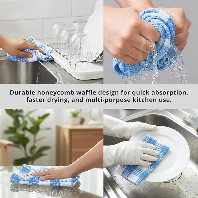Waffle Weave Plaid Dish Cloths, 100% Cotton - 12 x 12 Inches, Ultra Soft Absorbent Quick Drying Dish Towels Buffalo Check Dish Rags for Kitchen, 8 Pack - Fall Thanksgiving - Light Blue & White