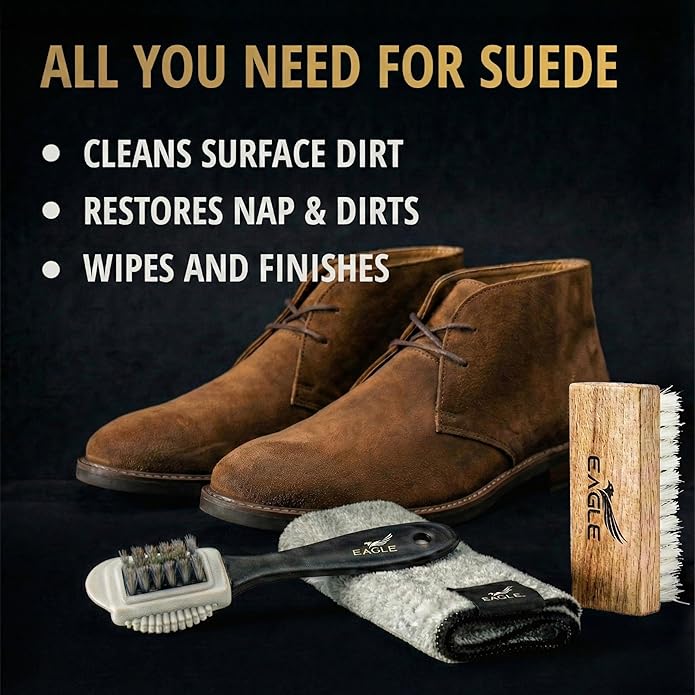 Eagle Suede & Nubuck Cleaning Kit – 5-Piece Set with Foam Suede Cleaner & Protector Spray, 3-Way Brush, Scrub Brush & Cloth – Suede Care Kit for Shoes & Boots- Compatible with Ugg Boots