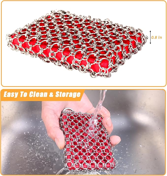 TEZZ Cast Iron Scrubber, Skillet Chainmail Scrubber for Cast Iron Pan - Chain Mail Scrubber Cast Iron Sponge - Metal Scrubber Cast Iron Skillet Cleaner, Wok, Frying Pans, Dutch Oven Cleaning Scrubber