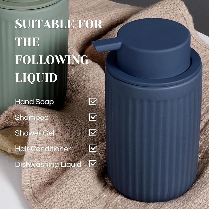 INGOFIN Ceramic Foaming Soap Dispenser - 12oz Foam Hand Soap Dispenser Bathroom, Modern Refillable Dish Dispenser with Pump for Kitchen, Matte Blue