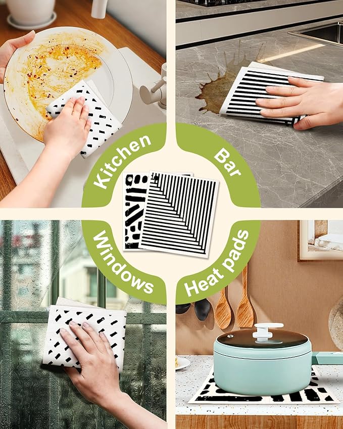 6 Pack Swedish Dishcloths for Kitchen - Reusable Dish Cloths for Washing Dishes Absorbent Cute Funny Kitchen Towels Cleaning Sponge, Line Drawing