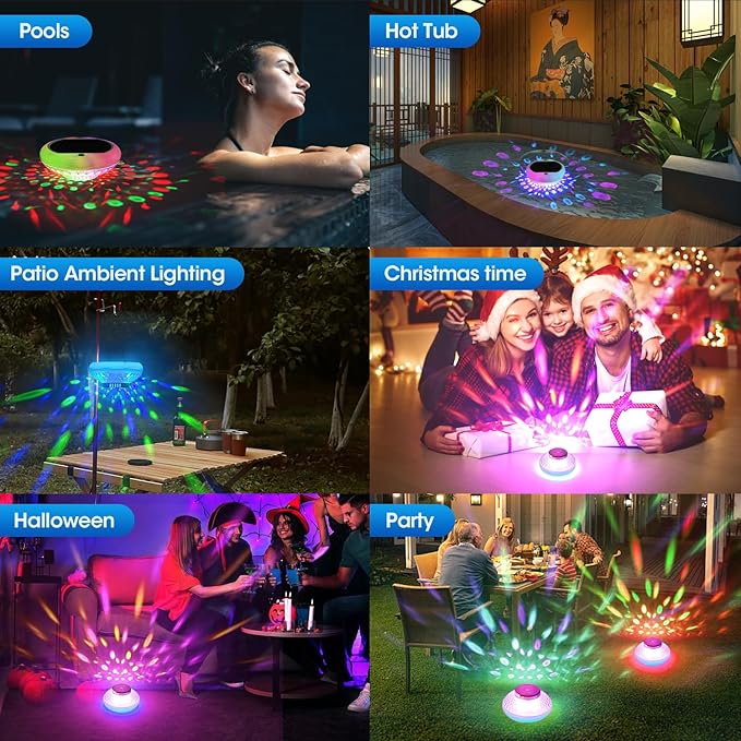 Pool Chlorine Floater, Solar Floating Pool Lights with USB Charging, 2600mAh 6.7 Inch IP68 Waterproof 13 Colors Upper Lower Glow Floating Lights, Adjustable Chlorine Dispenser for 1" & 3" 4 Pack