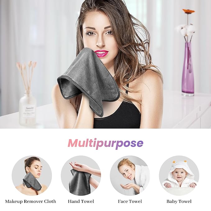 Makeup Remover Cloth Pack of 8, Soft Microfiber Makeup Remover Towels,13x7 inch Reusable Facial Cleansing Cloths for All Skin Types,Gray