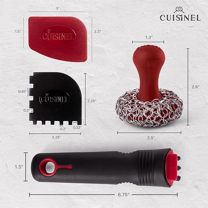 Cuisinel Cast Iron Chain Mail Scrubber + Cleaning Brush + Pan & Grill Scrapers - The Ultimate Skillet and Grill Cleaner Kit - Soft-Touch Confident-Grip Dish Scrub Tool - Silicone/Stainless Accessories