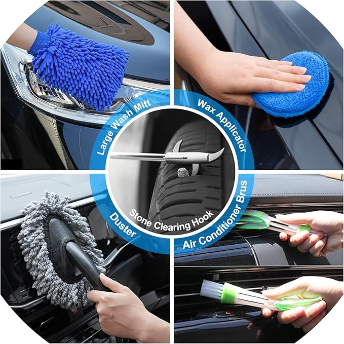 AUTODECO 29Pcs Car Detailing Kit Wash Cleaning Kits with Pump Foam Sprayer Collapsible Bucket Wash Brush Large Wash Mitt Towels Complete Interior Exterior Car Detailing Supply Set Blue