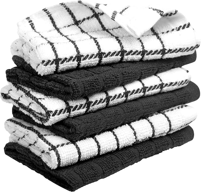 Bumble Premium Cotton Dish Cloths 12" x 12"| Black Design | 405 GSM | Highly Absorbent & Soft Dish Towels | 100% Natural Ring Spun Cotton Kitchen Towel Set - 6 Pack
