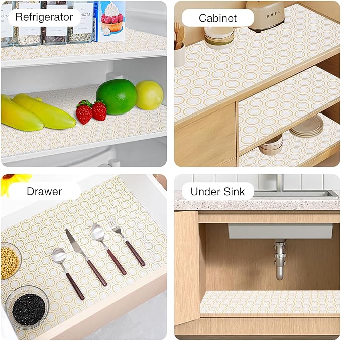 Drawer and Shelf Liner for Kitchen Cabinet,Non-Adhesive Cabinet Liner 18in x 20FT,Waterproof Shelf Paper Non-Slip Mats Cupboard Liners Contact Protect Dresser/Shelves/Table-Gold Octagonal