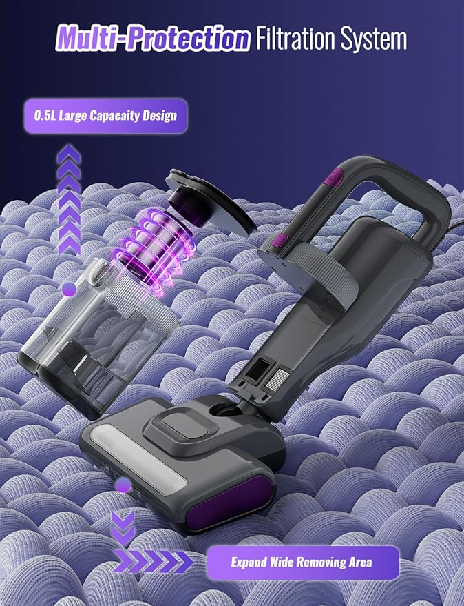 GHUSTAR Bed Mattress Vacuum Cleaner New Folding Design - 18 Kpa Cleaner Vacuum with HEPA Filter, 253.7nm UV-C Light and 140°F Heat - Powerful Handheld Vacuums for Bed Couch Crib Carpet