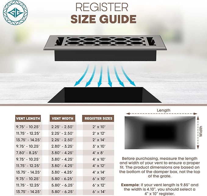 Floor Register 4x10 Vent Cover – 2 Pack – Heavy-Duty Steel, Rustproof & Walkable Grates, Drop-in Install, Adjustable Air Supply Switch - Decorative Honeycomb Design, Brushed Nickel