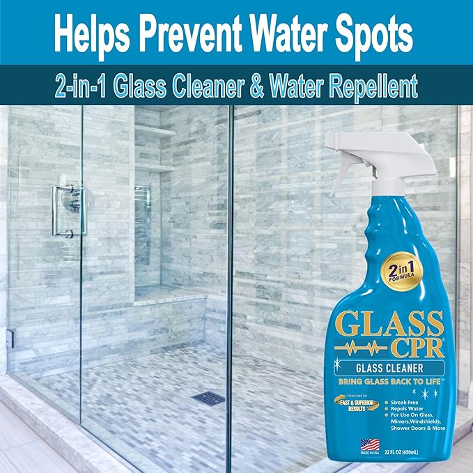 CPR Glass 2-in-1 Glass Cleaner & Water Repellent (22oz) + 2 Microfiber Applicator Towels | Deep Cleaning for Glass, Mirrors, Windows, Windshields, Shower Doors