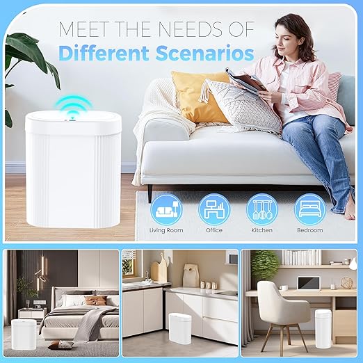 2 Pack 5 Gallon Bathroom Trash Can with Lid, Automatic Motion Sensor White Trash Can, Touchless Slim Waterproof Garbage Bin for Kitchen, Bedroom, Office, and Bathroom