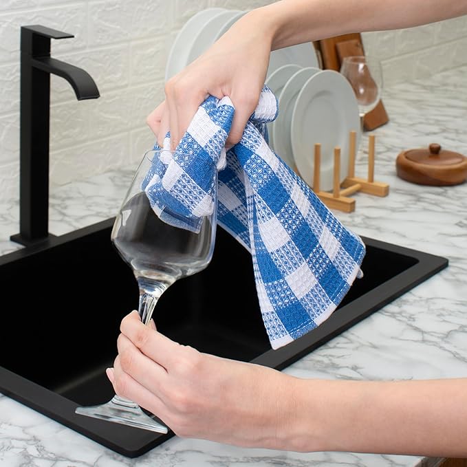 Blue Needles Waffle Weave Check Plaid Kitchen Towels, 15x25 Inches 100% Cotton Set of 6 Dish Towels for Kitchen, Soft & Absorbent for Quick Drying with Hanging Loop Spring Summer - Sky Blue & White