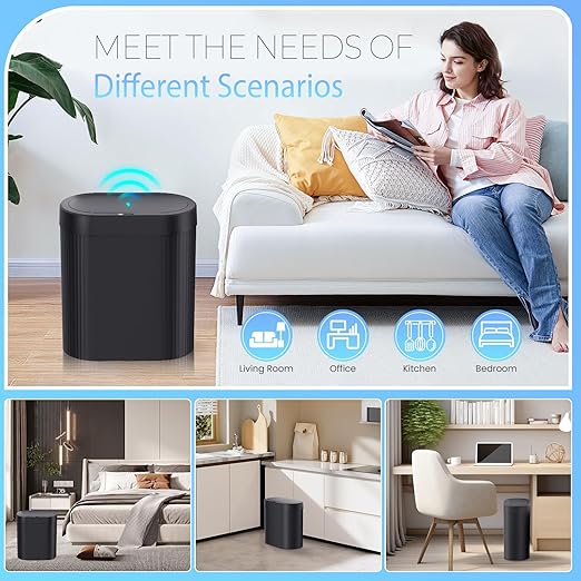 2 Pack 5 Gallon Bathroom Trash Can with Lid, Automatic Motion Sensor Black Trash Can, Touchless Slim Waterproof Garbage Bin for Kitchen, Bedroom, Office, and Bathroom
