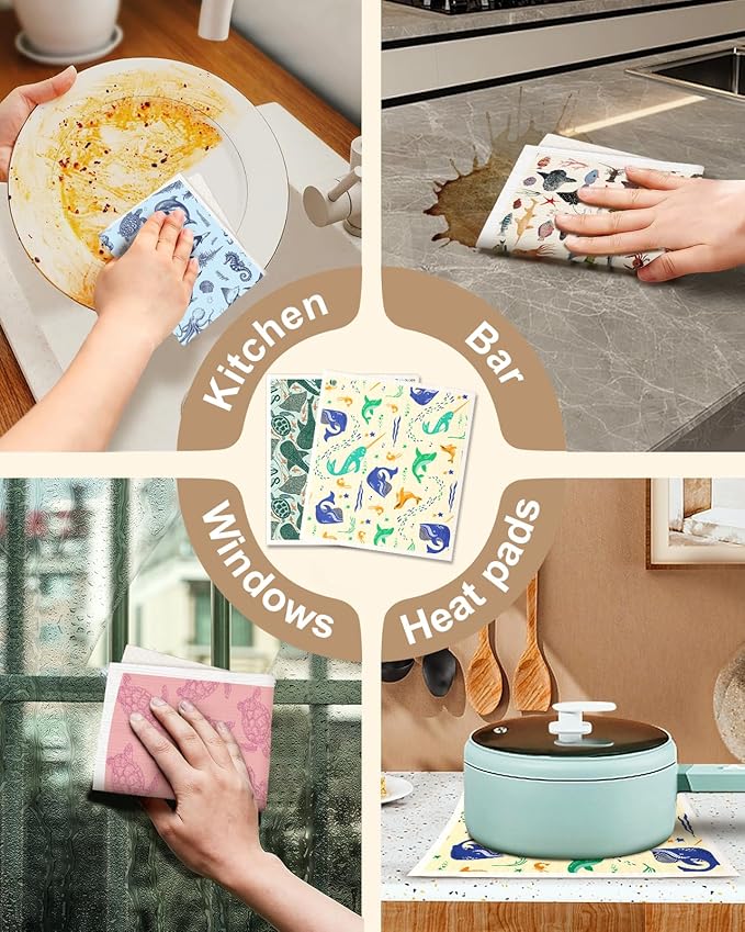 Swedish Dishcloths for Kitchen with Hooks - Reusable Dish Cloths for Washing Dishes Fast Drying Cute Fun 5 Pack Swedish Dish Towels Washable Cleaning Sponge, Deep Sea Fish