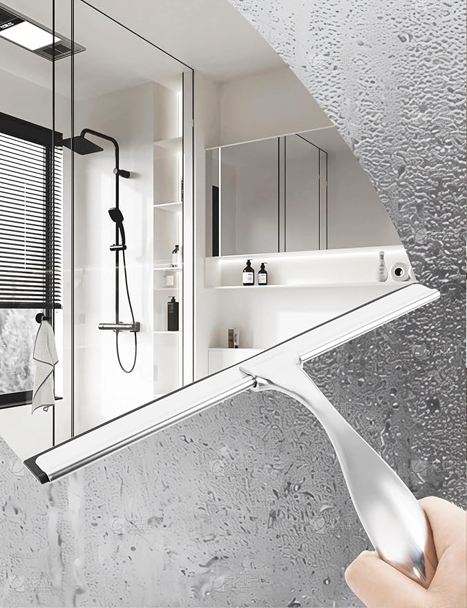All-Purpose Stainless Steel Shower Squeegee Come with S Hook, 2 Square Sticky Hook 2 Rubber Strips Shower Squeegee for Glass Doors, Windows, Mirrors, Tiles and Car Glass -12 Inches Silver