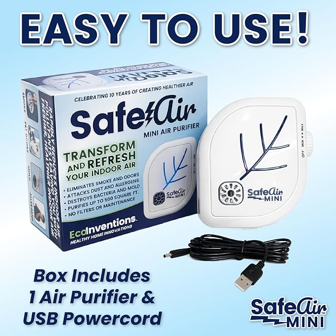 NEW Upgraded SafeAir® Mini Purifier | Ozone & Ionizer | Fresh Rain Smell | Covers 500 sq/ft | 8ft USB | Attacks Worst Pet Smells, Smoke, Mold | Filterless Tech | Home, Car, Office, Travel (3)