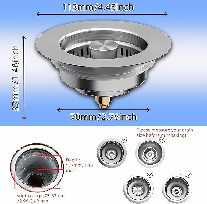 2 Pcs 3 in 1 Kitchen Sink Drain Strainer,Universal Stainless Steel Kitchen Sink Stopper, Pop Up Anti-Clogging for 3-1/2 Inch US Standard Sink Drain Strainer