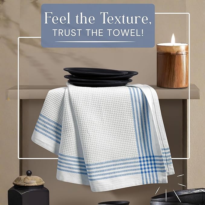 Waffle White & Sky Blue Kitchen Towels 4 Pack, 100% Cotton 16x26 inches, Quick Dry Bar Mop Towel, Super Absorbent Wash Cloths for Cleaning, Drying Dishes, Long Lasting Dishcloth
