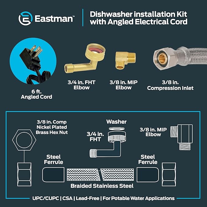 Eastman 6 Ft. Dishwasher Installation Kit, Braided Stainless Steel Supply Line with 3/8 Inch Compression Ends, 3-Prong Angled Power Cord, 48337N