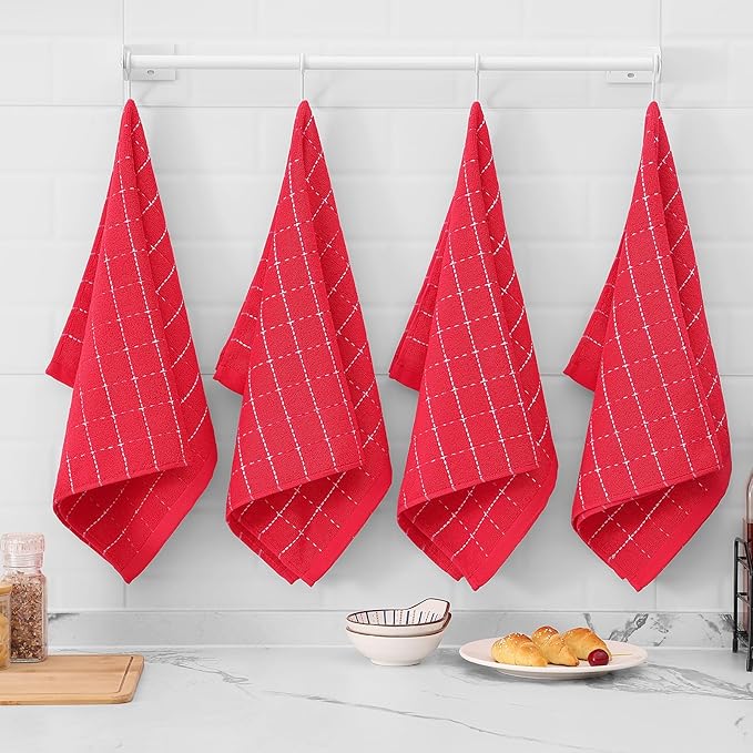Mordimy 100% Cotton Terry Cloth Kitchen Towels, Super Soft and Absorbent Dish Towels for Drying, Checkered Designed Hand Towels for Kitchen, 16 x 26 Inches, 4 Pack, Red