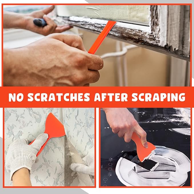 Tallew 9 Pcs Plastic Scraper Tool Sticker Plastic Razor Blade Scraper Plastic Pick Plastic Non Scratch Tool Putty Knife for Window Floor Label Removal Paint Cleaning(Orange)