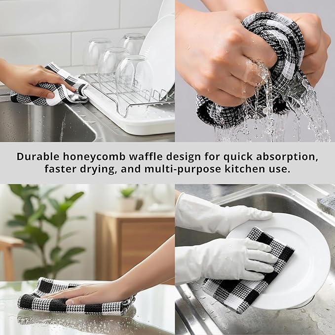 PurpleEssences Waffle Weave Plaid Dish Cloths, 100% Cotton, 12x12 Inch, Soft Absorbent Quick Drying Buffalo Check Dish Rags for Kitchen, 8 Pack, Christmas Holiday Winter - Black & White