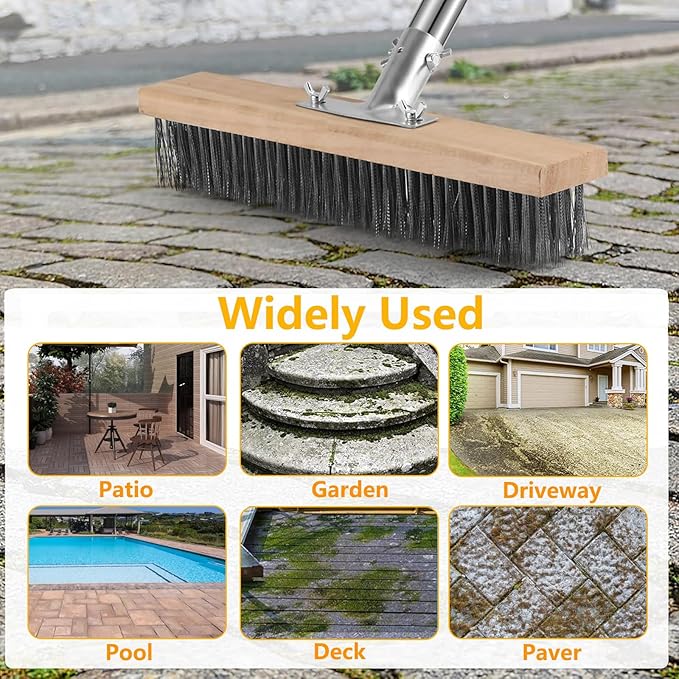 Stainless Steel Deck Brushes for Scrubbing Heavy Duty, 65" Deck Scrub Brush with Long Handle - Concrete Scrub Brush Stiff Metal Bristle Concrete Brush for Cleaning Moss Patio Garage Garden Pool Floor