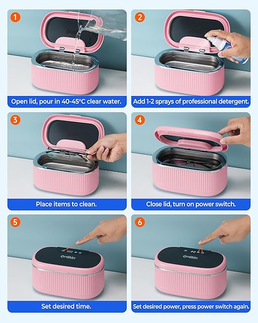 35W Ultrasonic Jewelry Cleaner, 45KHz Retainer Cleaner for Jewelry, 5 Timer & 3 Power Modes, Eyeglasses, Rings, Watch Strap, Dentures - 20oz, 304 Stainless Steel Tank, Quiet <38dB (Pink)
