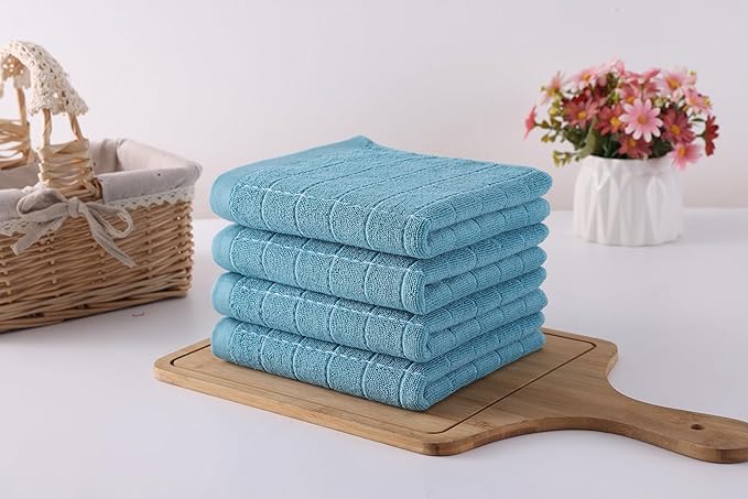 Homaxy 100% Cotton Terry Kitchen Towels(Lake Blue, 13 x 28 inches), Checkered Designed, Soft and Super Absorbent Dish Towels, 6 Pack