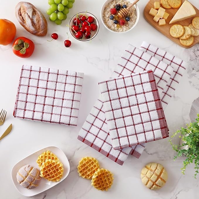 Homaxy Premium Kitchen Towels(16”x 28”, 8 Pack), Large Ring Spun Cotton Dish Towels, Super Absorbent Soft Terry Kitchen Hand Towels, Check Design Tea Towel Set with Hanging Loop, Red